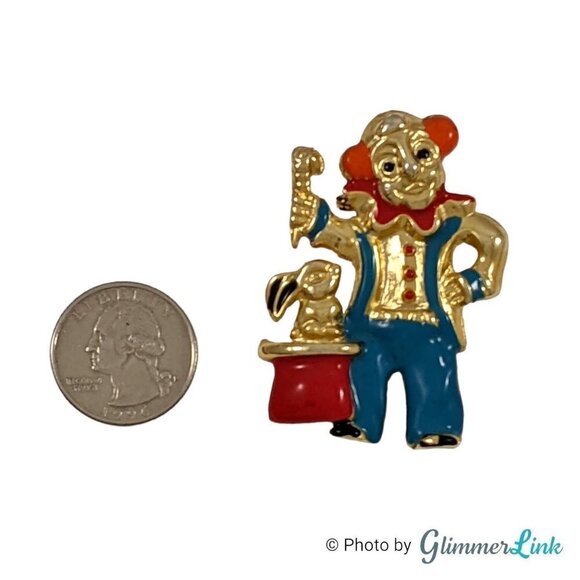 Vintage Elle Magician Clown & Rabbit Enamel Gold Tone Brooch - Picture 4 of 7